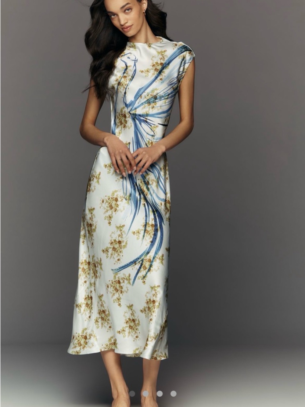 Anthropologie White Satin Midi Dress with Blue and Gold Floral Print